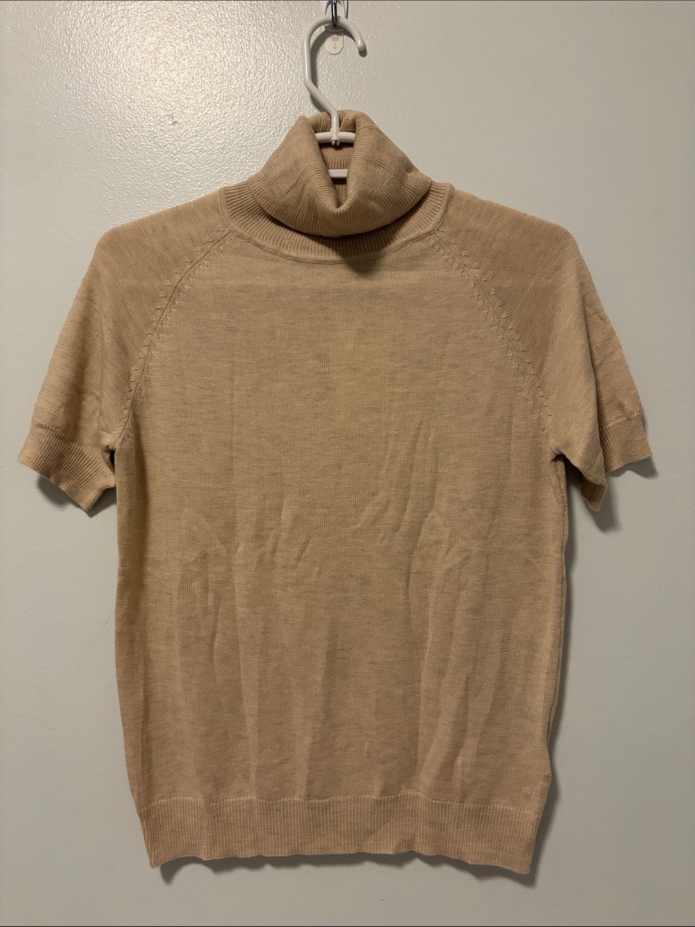 SHEIN MOTF Premium Wool Mix Knit Top Short-Sleeve Turtleneck Sweater in Beige